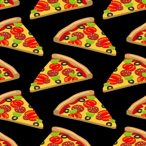 Pizza-Muster. Stück leckere Pizza auf schwarzem Hintergrund. Textur — Stockvektor