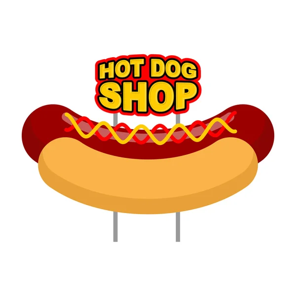 Hot dog shop signboard. Big juicy sausage and bun name for fast — Stock Vector