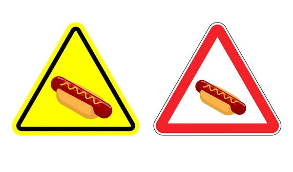 Προειδοποίηση, προσοχή, χοτ ντογκ. Κίνδυνοι κίτρινο σημάδι γρήγορο φαγητό. — Διανυσματικό Αρχείο