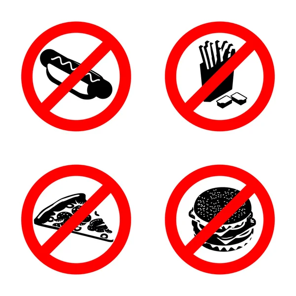 Prohibición de señal de comida rápida. Detener la comida no saludable. Está prohibido comer. — Vector de stock