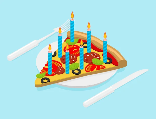Birthday Pizza dengan lilin isometrik. Makanan cepat saji untuk festival. C - Stok Vektor