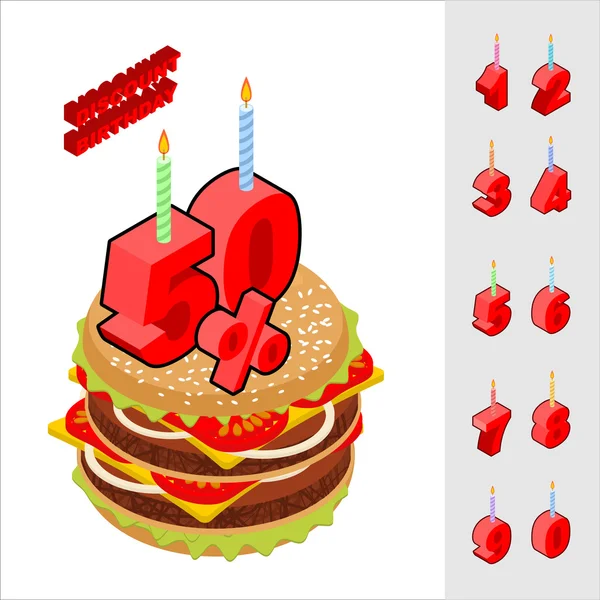 Скидки на день рождения при покупке гамбургера. Свечи и цифры — стоковый вектор