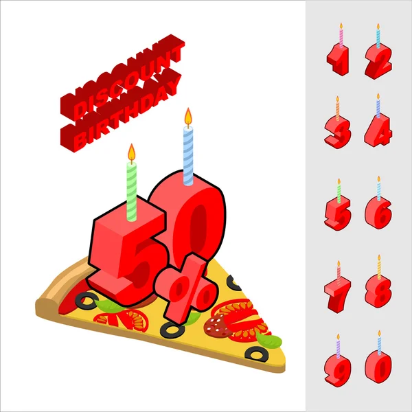 Descuentos por cumpleaños al comprar pizza. Velas y figuras de — Vector de stock