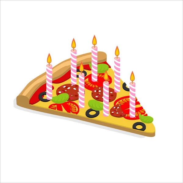 Candele natalizie pizza con isometria. Fast food di compleanno. Alimenti — Vettoriale Stock