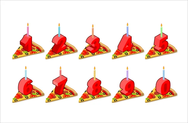 Pizza dan set nomor lilin ulang tahun. liburan pizza slice iso - Stok Vektor