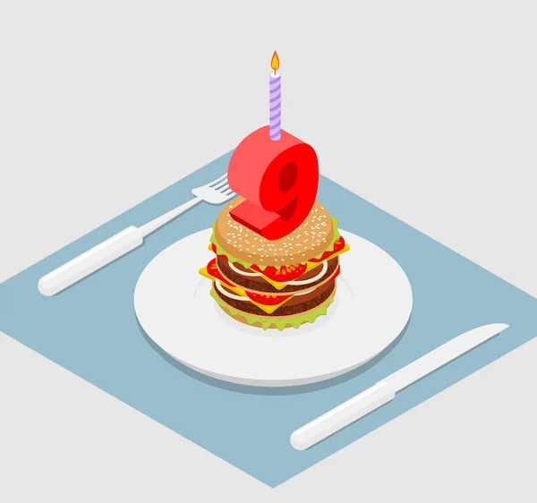 9 years birthday burger. Hamburger and candle isometrics. Number — Stock Vector