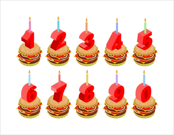 Burger dan ulang tahun nomor lilin ditetapkan. Holiday burger isometri - Stok Vektor