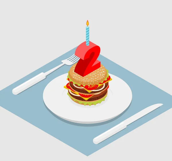 День рождения 2 года Бургер. гамбургер и изометрия свечей. Количество — стоковый вектор