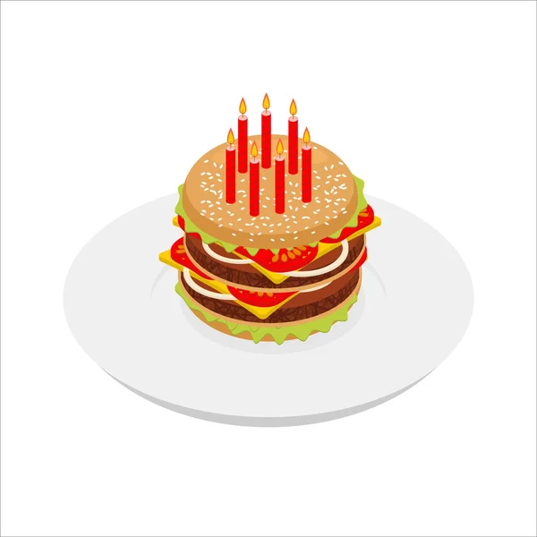 День рождения Гамбургер со свечами изометрия. Праздничный фаст-фуд. B — стоковый вектор