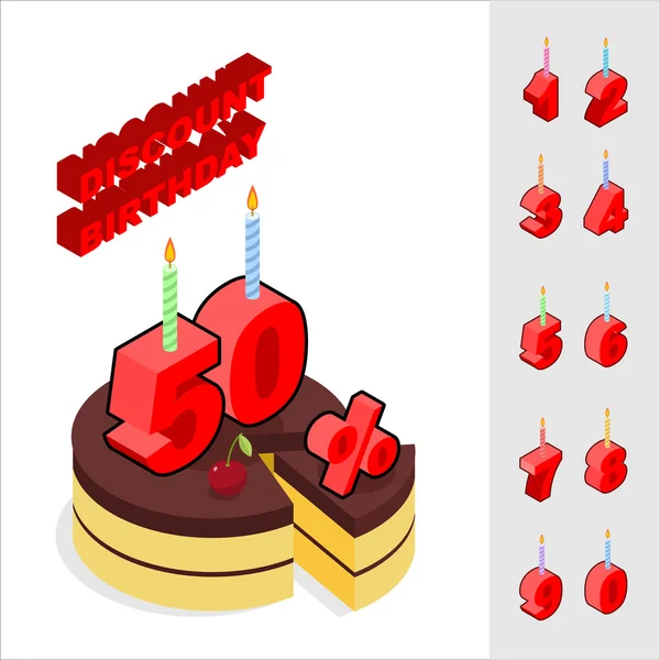 Réductions pour anniversaire. Gâteau au chocolat et bougies et figures f — Image vectorielle
