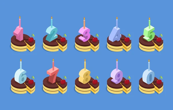 Velas número de aniversário e conjunto de bolo. Torta de chocolate comemorativa —  Vetores de Stock