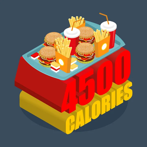 Fast food gamme de calories. Beaucoup de malbouffe. Hamburgers et frenc — Image vectorielle