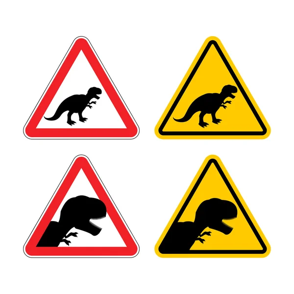 Warning sign of attention dinosaur. Dangers yellow sign Tyrannos — Stock Vector