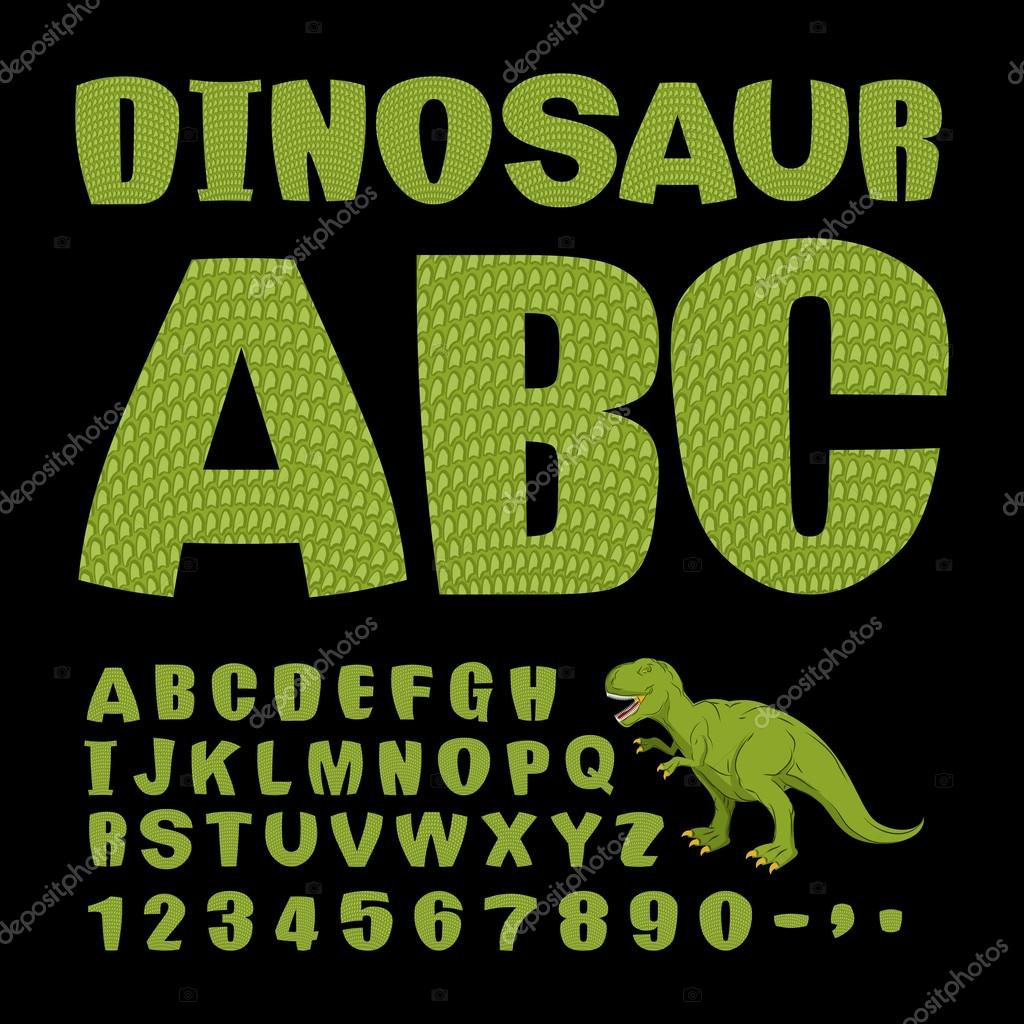 Dinosaur ABC. Font of prehistoric reptile. Green letters. Texture of skin of lizard. Dino Monster alphabet. Set of ancient animals letters
