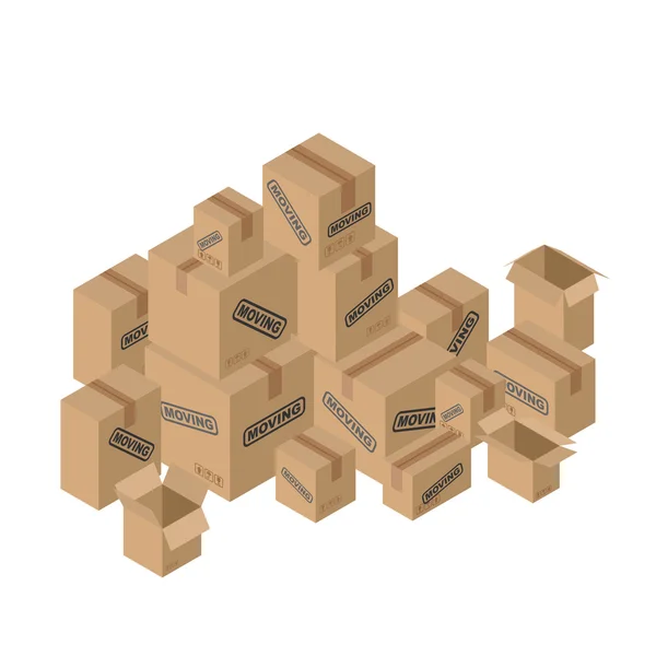 Mueve muchas cajas de cartón. Embalaje de papel para cosas . — Vector de stock