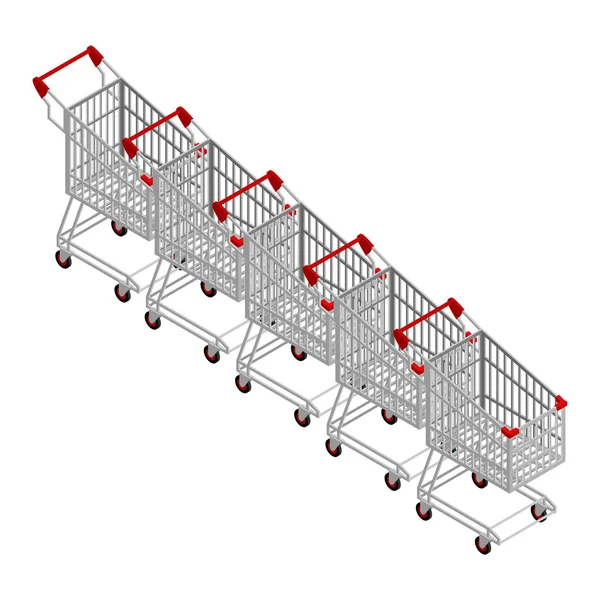 Fila de carrinhos de compras. Muitos isométricos do carrinho de compras — Vetor de Stock