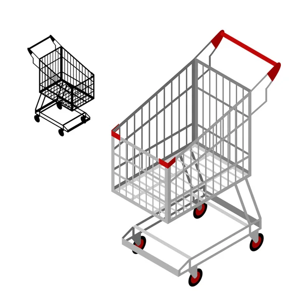 Warenkorb-Isometrie. Einkaufswagen im Supermarkt leer — Stockvektor