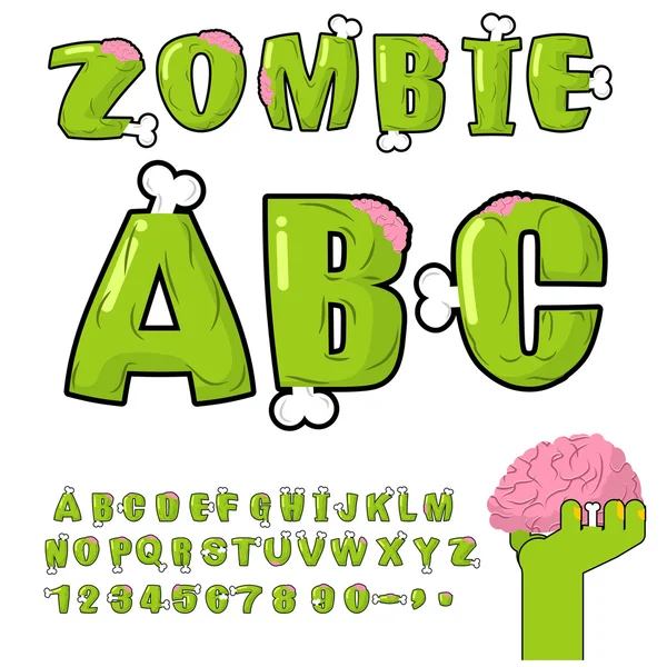 Zombie ABC. Des os et des cerveaux. fonte horror monstr. Morts vivants al — Image vectorielle