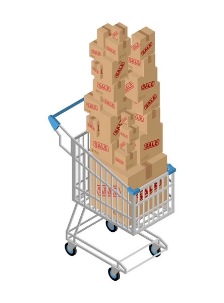 Warenkorb und Kartonverkauf. Einkaufen im Supermarkt. viele Kisten. — Stockvektor