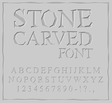 Stone Carved font. Alphabet on rock plate. Chips and scratches.  clipart