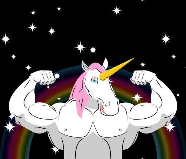 Unicornio Deportista fuerte. Mascota mágica culturista con enormes músculos . — Vector de stock