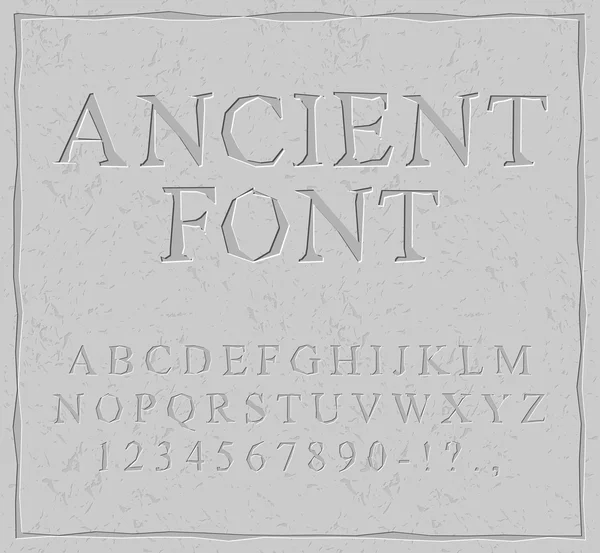 Oude lettertype. Gesneden op steen plaat alfabet. Prehistorische alfab — Stockvector