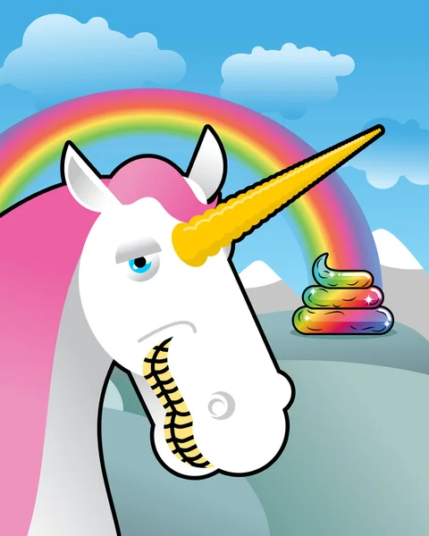 Unicorn on landscape. Turd unicorn. Rainbow of shit. Clouds and — Stock Vector