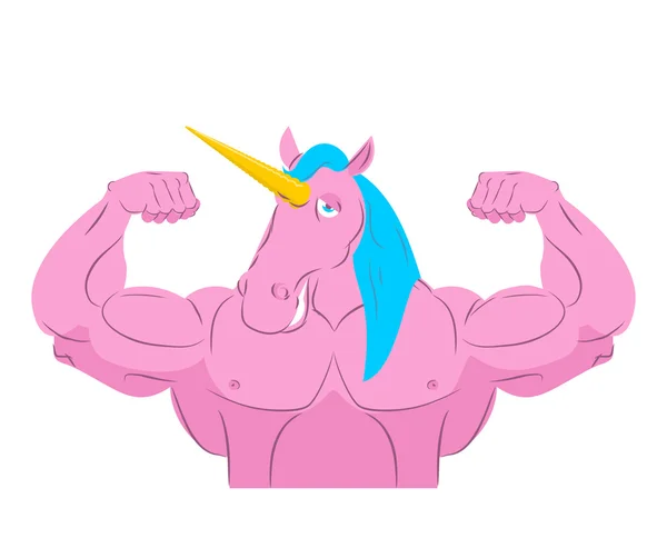 Unicornio Deportista fuerte. Mascota mágica culturista con enormes músculos . — Vector de stock