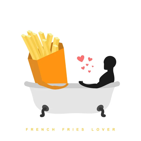Kochanek francuskie frytki. Uwielbiam jedzenie. Fastfood i człowiek w wannie. Człowiek a — Wektor stockowy