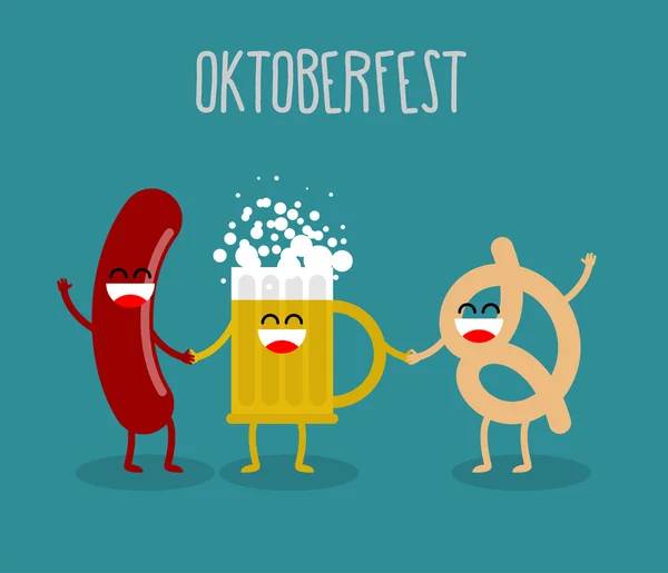 Bière, saucisses et bretzels amis. Oktoberfest food. Vacances en — Image vectorielle