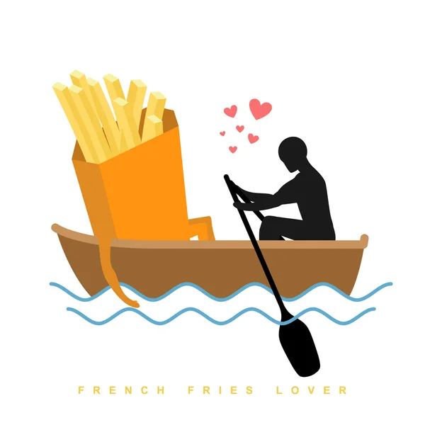 Kochanek francuskie frytki. Człowiek i Fastfood i jeździć w łodzi. Miłośnicy — Wektor stockowy