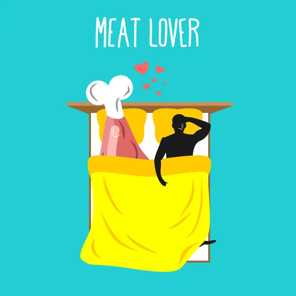 Amantes de la carne. Amor por el jamón. Cerdo y hombre. Amantes de la comida en cama — Archivo Imágenes Vectoriales