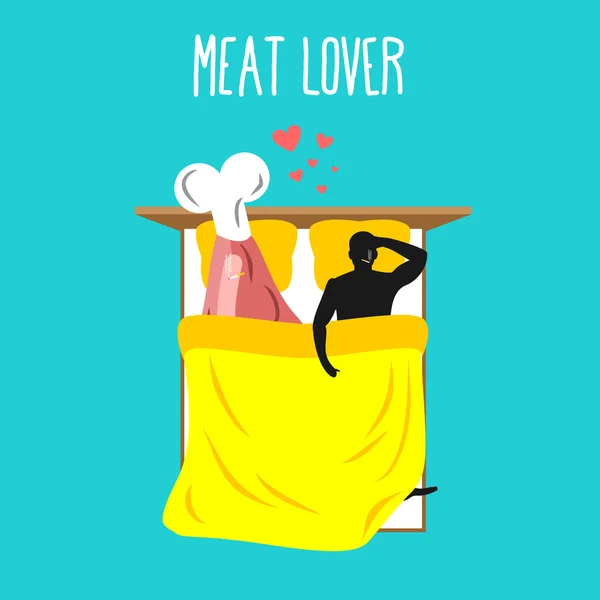 Amantes de la carne. Amor por el jamón. Cerdo y hombre. Amantes de la comida en cama — Vector de stock