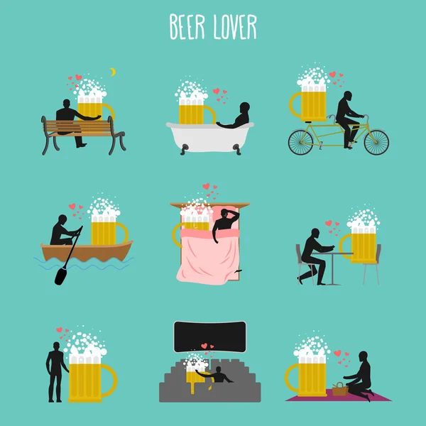 Conjunto de amantes de cerveja. Amor de coleção caneca de cerveja. Homem e álcool em — Vetor de Stock