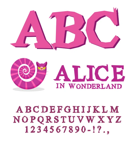 Alice im Wunderland Schrift. Märchen abc. Verrückte Alphabet-Schachkatze. — Stockvektor