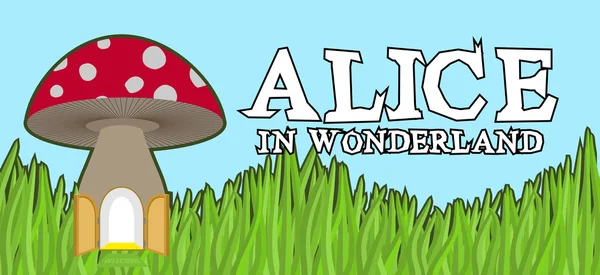 Alice nel paese delle meraviglie lettering su erba verde e funghi. Pazzo f — Vettoriale Stock