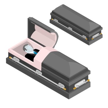 Defunct in coffin. Dead man lay in wooden casket. Corpse in an o clipart