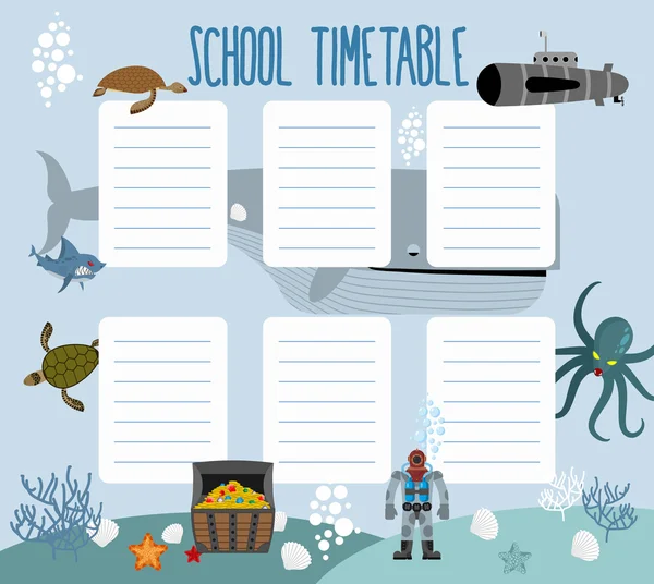 School schedule with underwater world. timetable Lesson plans al — Stock Vector