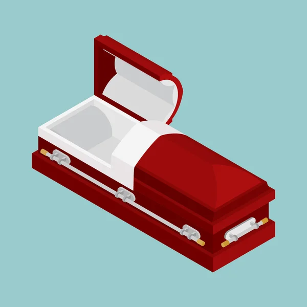 Isometria de caixão aberta. Caixão de madeira para enterro. Um carro funerário vermelho. Re — Vetor de Stock