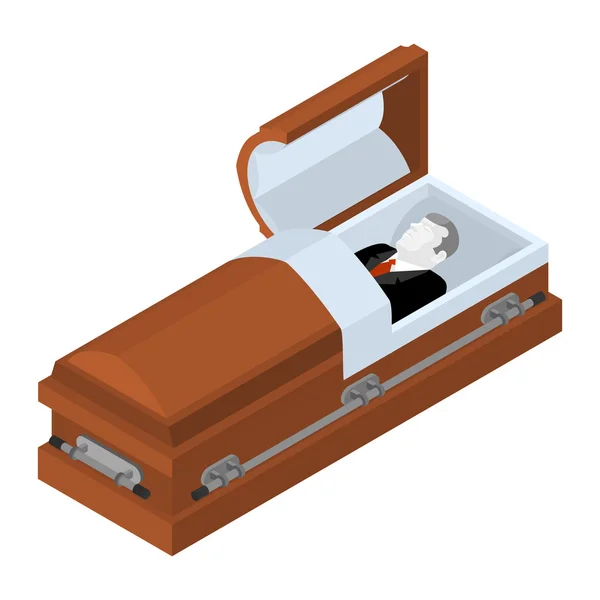 Fallecido en el ataúd. Un muerto yacía en un ataúd de madera. Cadáver en un — Archivo Imágenes Vectoriales