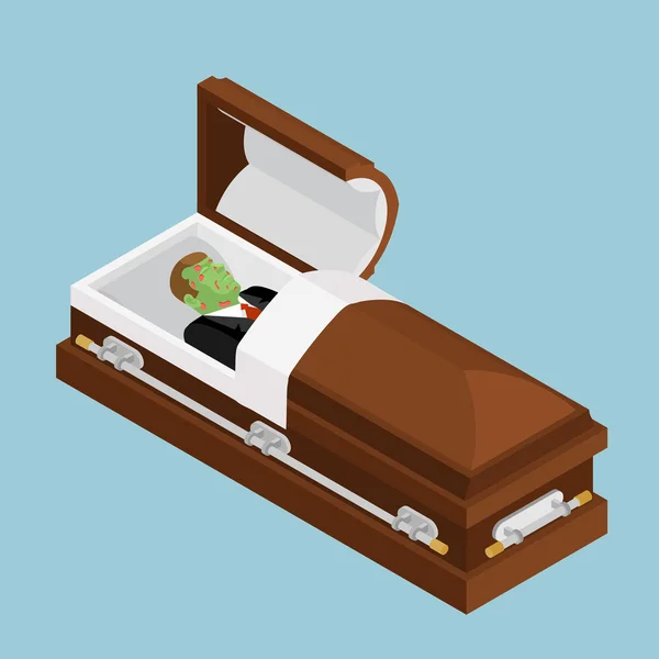 Zombie in coffin. Green dead man lying in wooden casket. Corpse — Stock Vector