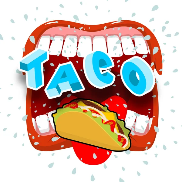 Taco acuut Mexicaans eten. Open je mond en uitstekende tong. — Stockvector