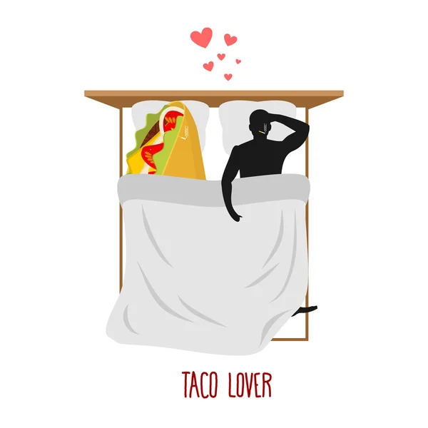 Taco de amante. Me encanta la comida mexicana. Comida rápida y hombre. Amantes de la comida — Vector de stock