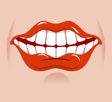 Neşeli bir gülümseme. Kırmızı dudaklar ve beyaz dişler. Yüzünde açık ağız