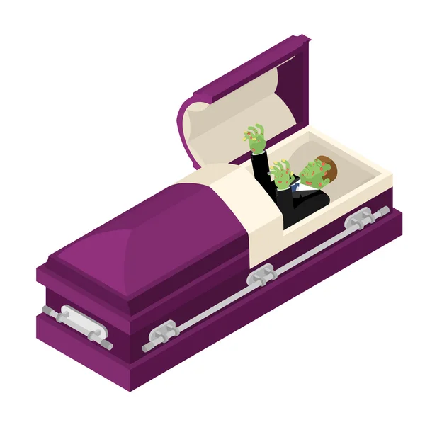 Zombie no caixão. Homem morto verde deitado num caixão de madeira. Cadáver —  Vetores de Stock