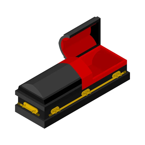 Abra la isometría del ataúd negro. ataúd de madera para entierro. Oído rojo — Archivo Imágenes Vectoriales