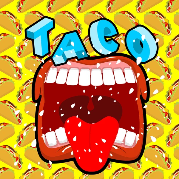 タコス急性メキシコ料理。口を開き、舌を突き出す. — ストックベクタ
