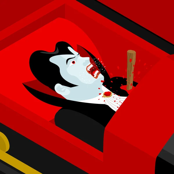 Drakula halála. Vámpír gróf egy nyitott koporsóban. Aspen tét én — Stock Vector