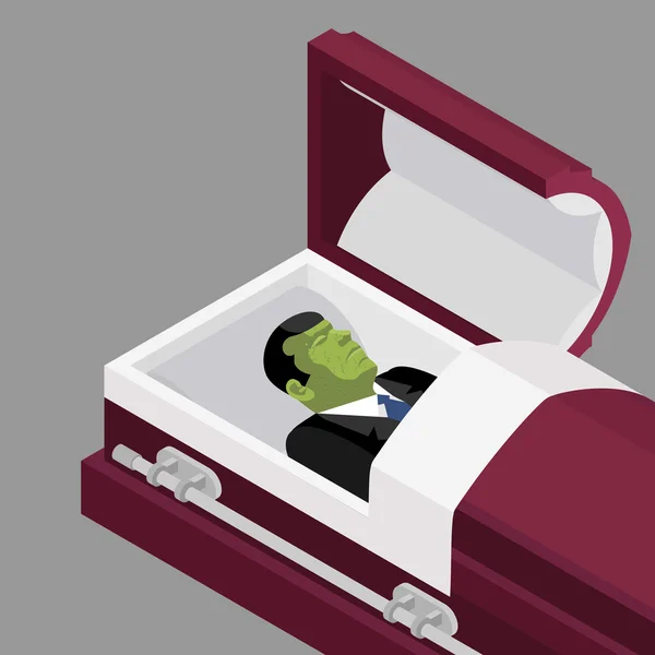 Zombie no caixão. Homem morto verde deitado num caixão de madeira. Cadáver — Vetor de Stock