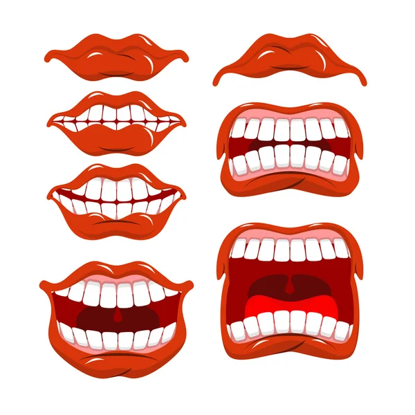 Labios conjunto de emociones. Gritos y alegría. Gritando y riendo. scr — Vector de stock